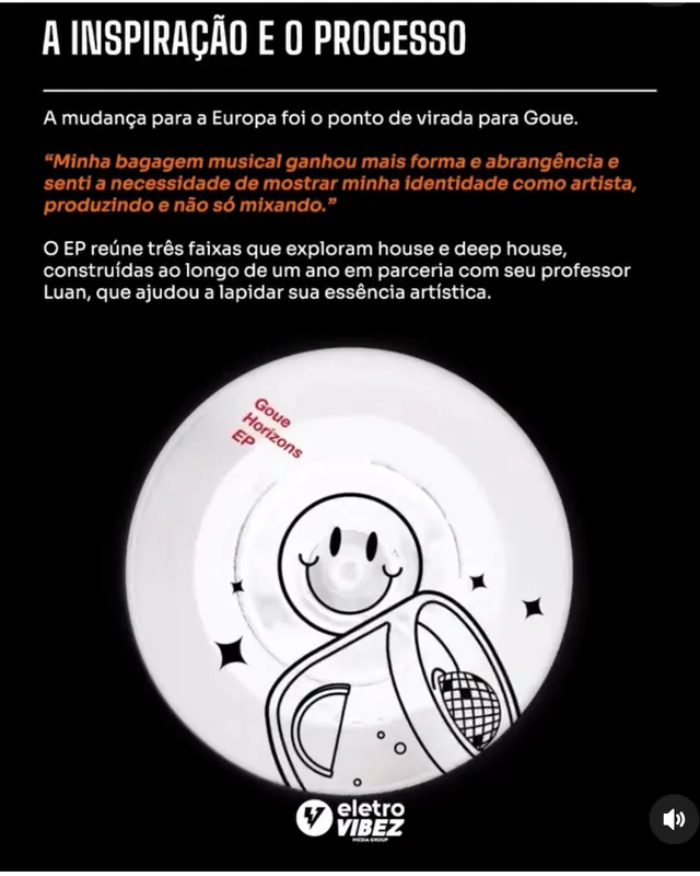 Post da Vibez News sobre o EP Horizons, da Goue: as faixas foram construídas ao longo de um ano em parceria com o professor Luan